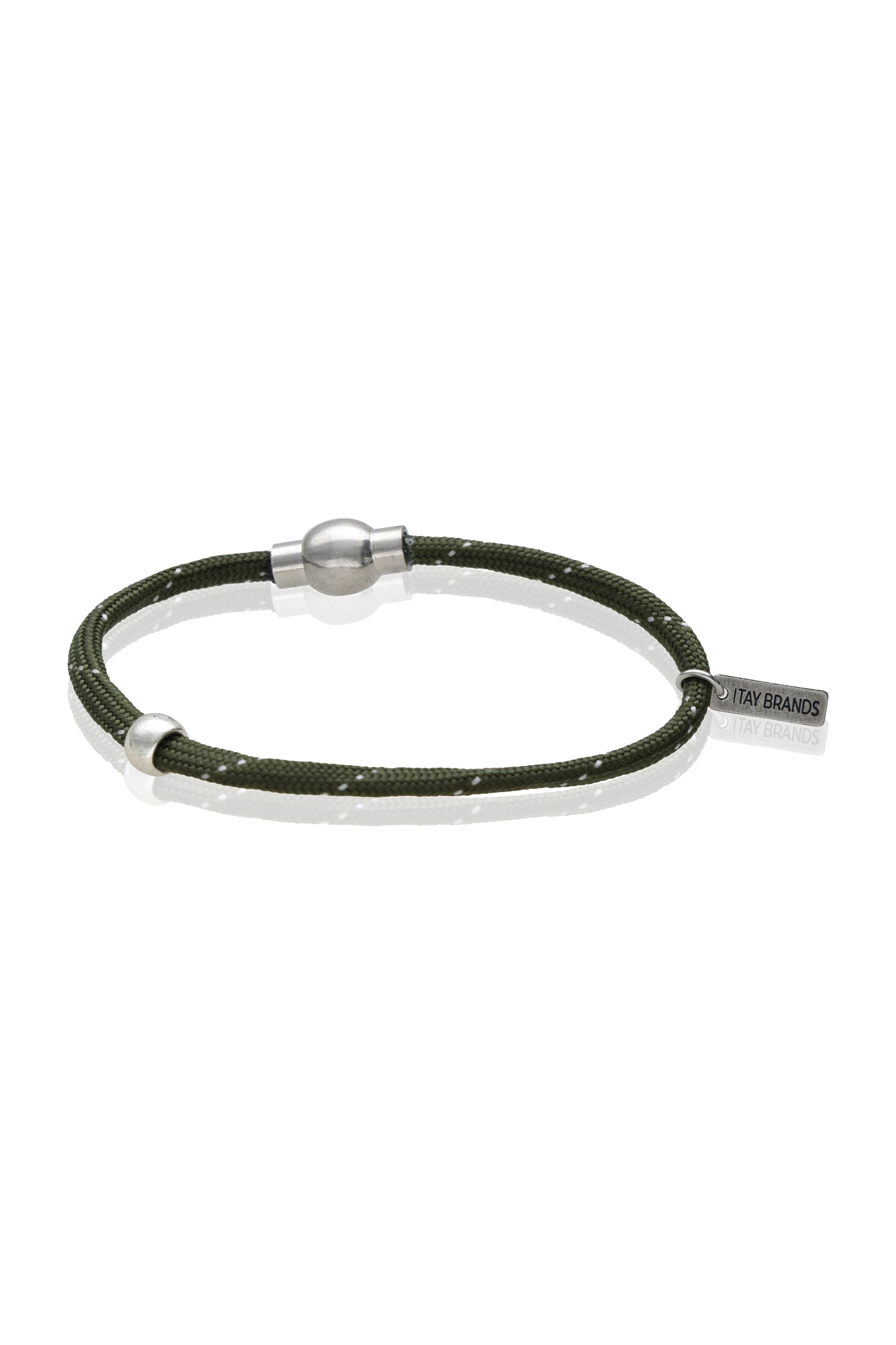 צמיד חבל ירוק זית בשילוב חרוז מתכת