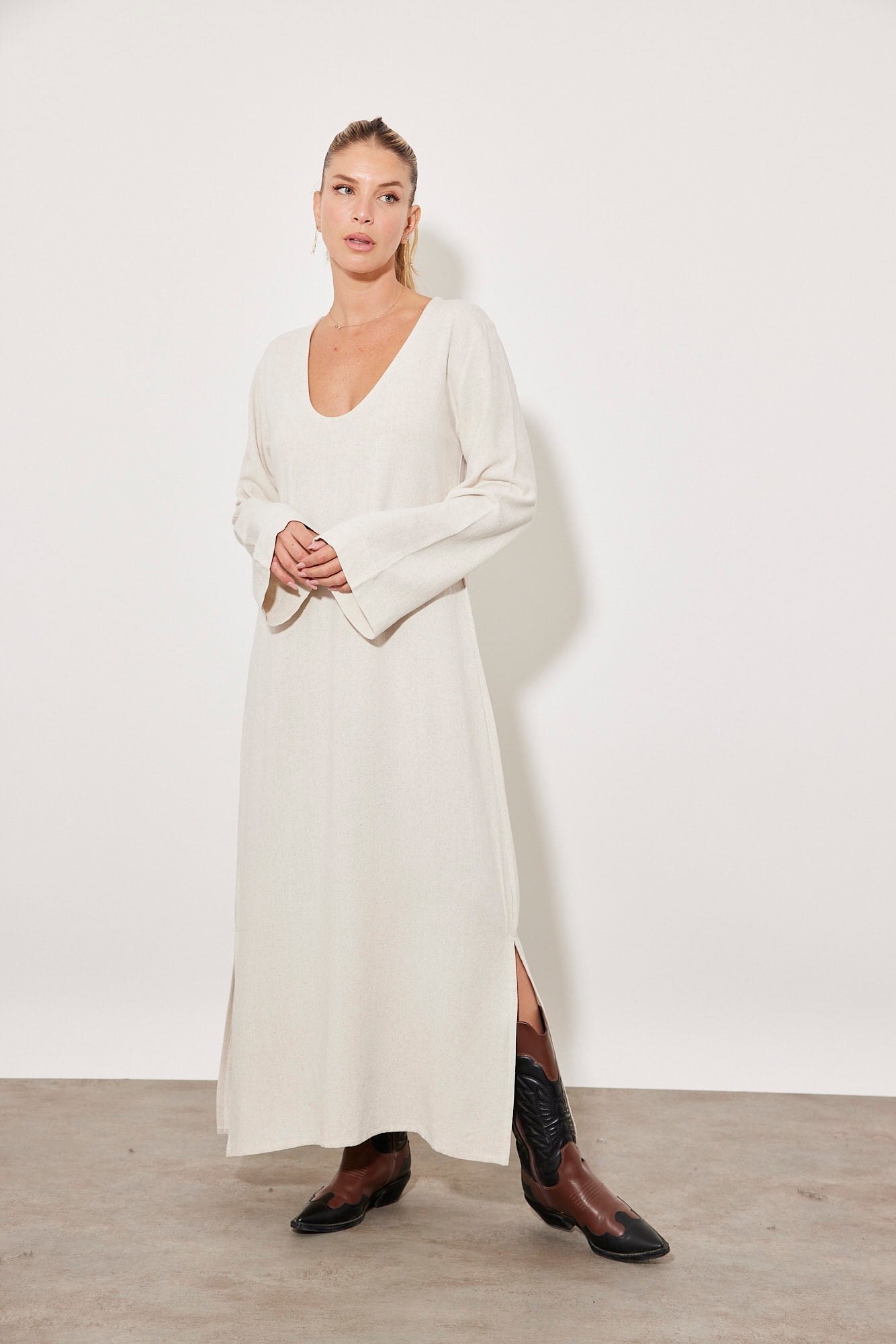 שמלה ארוכה דמוי פשתן - ITAY BRANDS