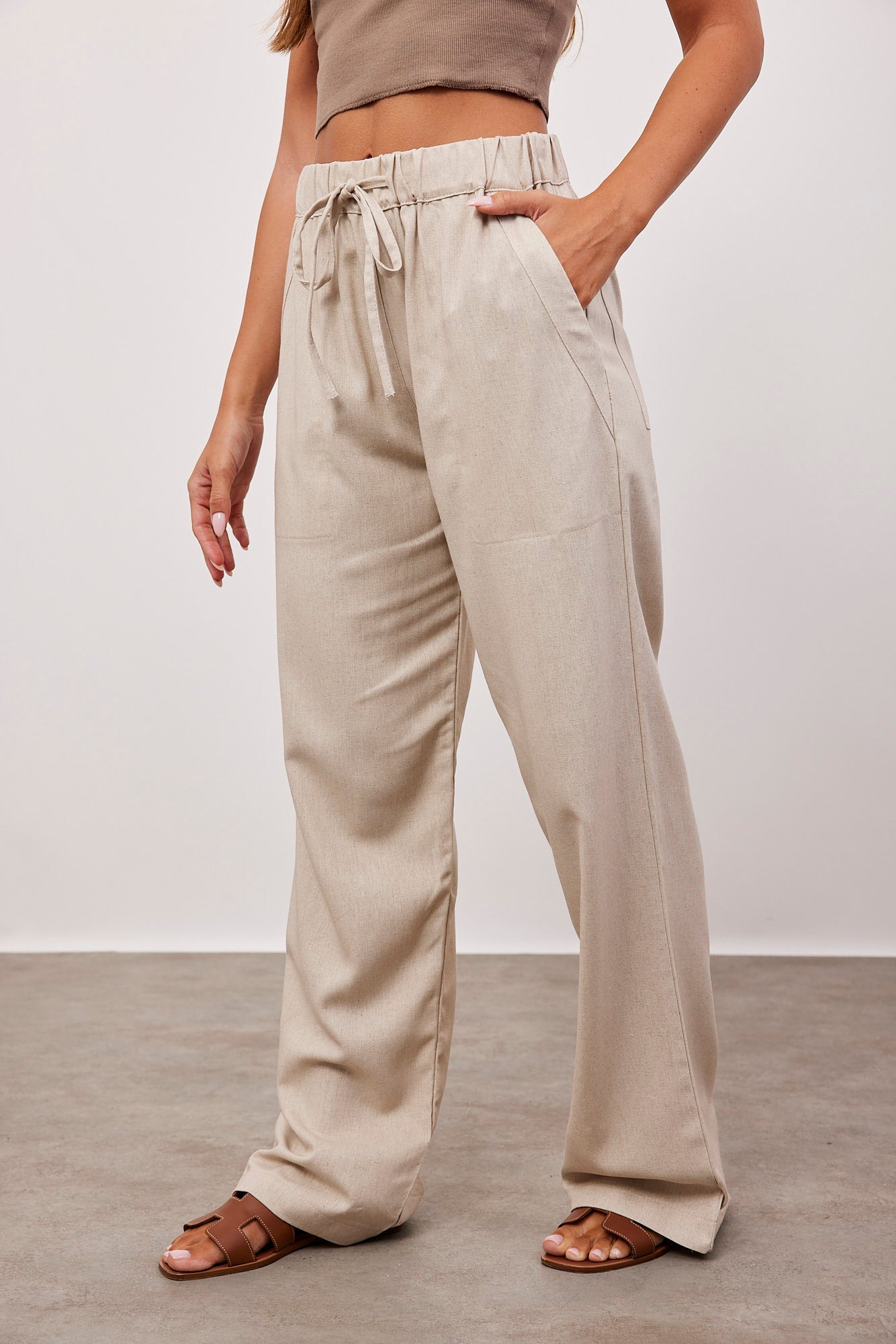 מכנסיים ארוכים בשילוב בד פשתן - ITAY BRANDS