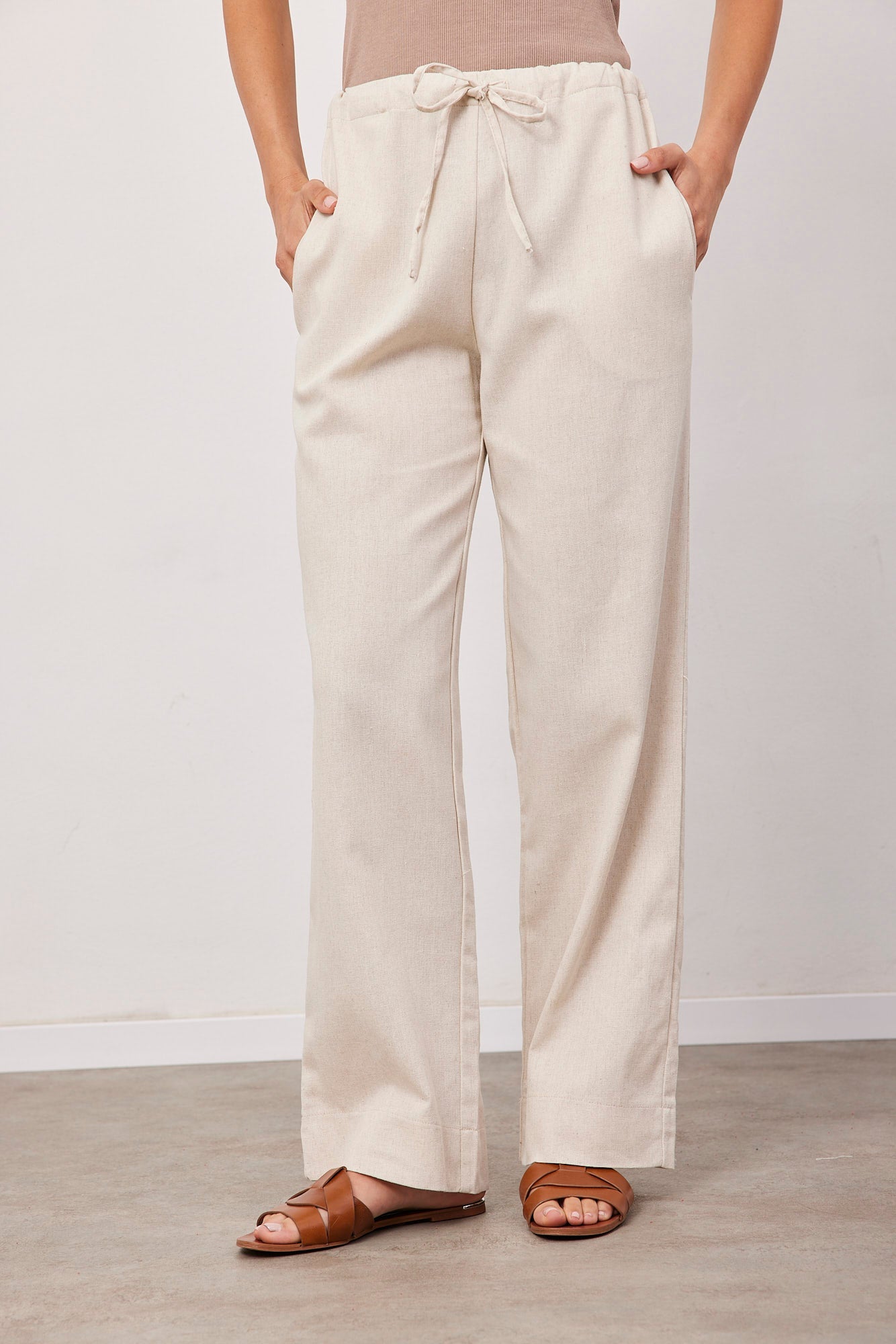 מכנסיים בשילוב פשתן בגזרה רחבה - ITAY BRANDS