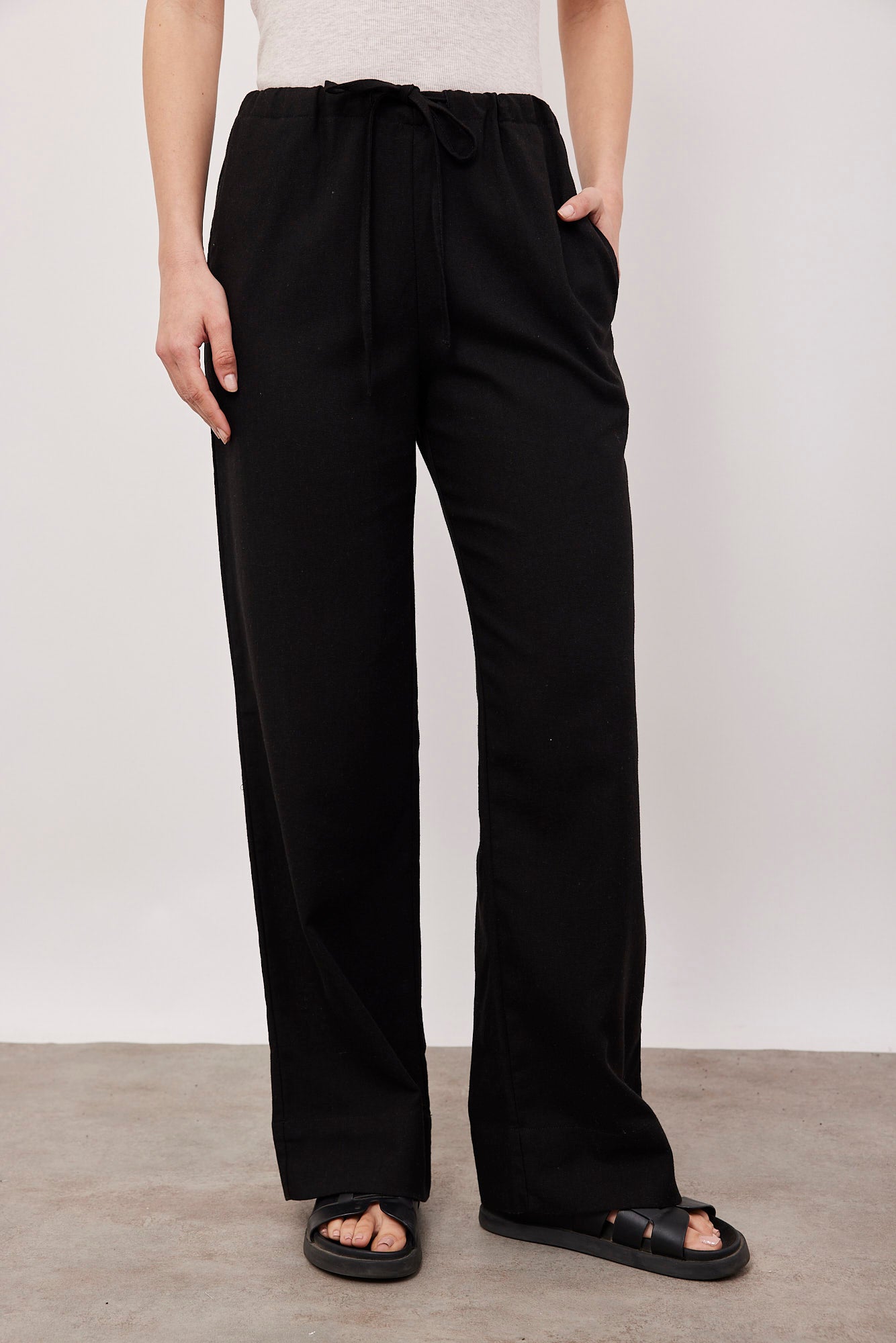 מכנסיים ארוכים בשילוב פשתן עם קשירה - ITAY BRANDS