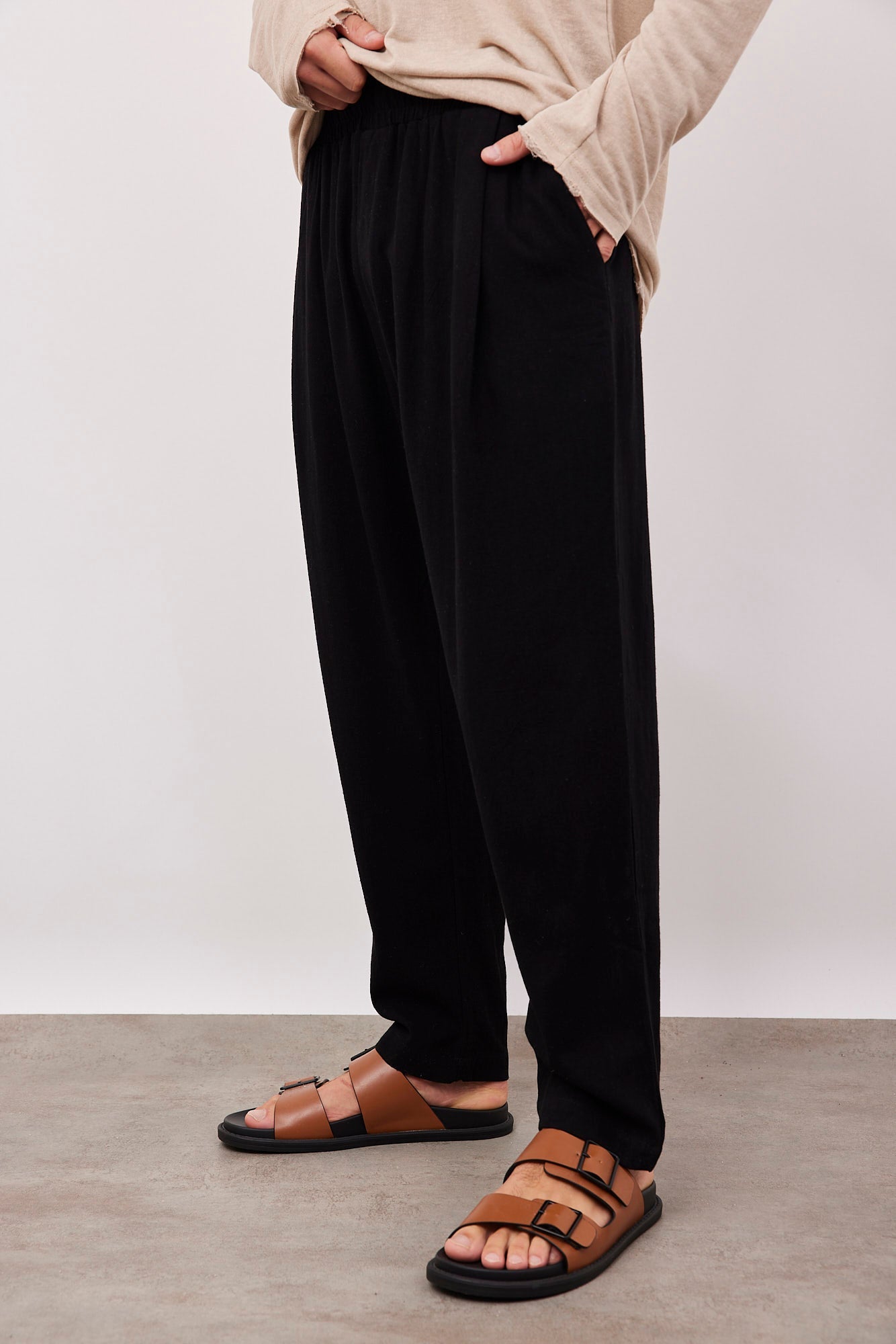 מכנסיים בשילוב פשתן בגזרה רחבה - ITAY BRANDS