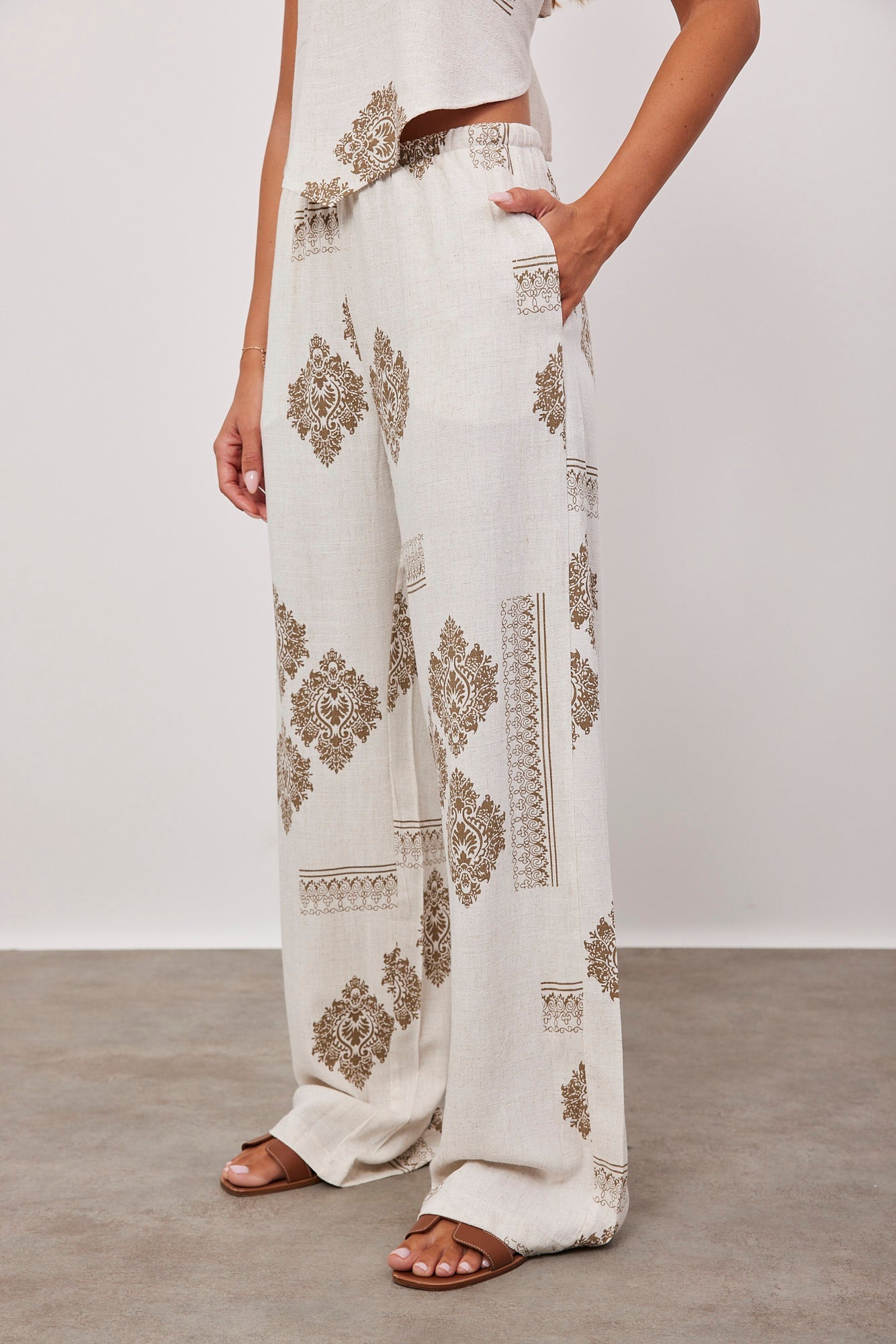 מכנסיים עם הדפס בשילוב פשתן - ITAY BRANDS