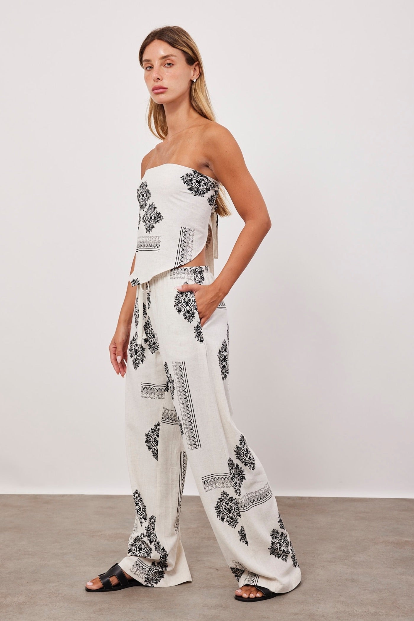 מכנסיים עם הדפס בשילוב פשתן - ITAY BRANDS