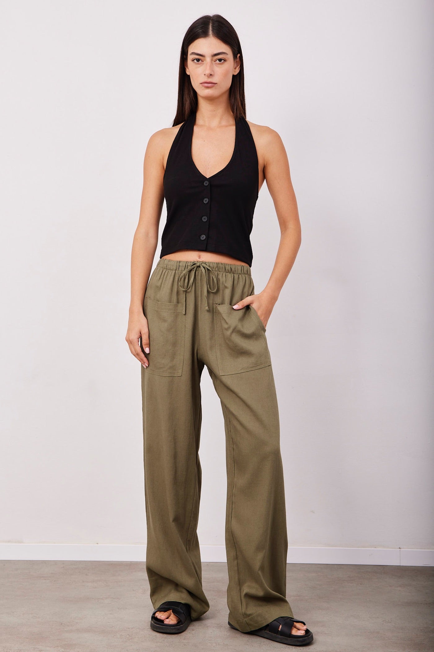 מכנסיים בשילוב פשתן עם כיסים קדמיים - ITAY BRANDS