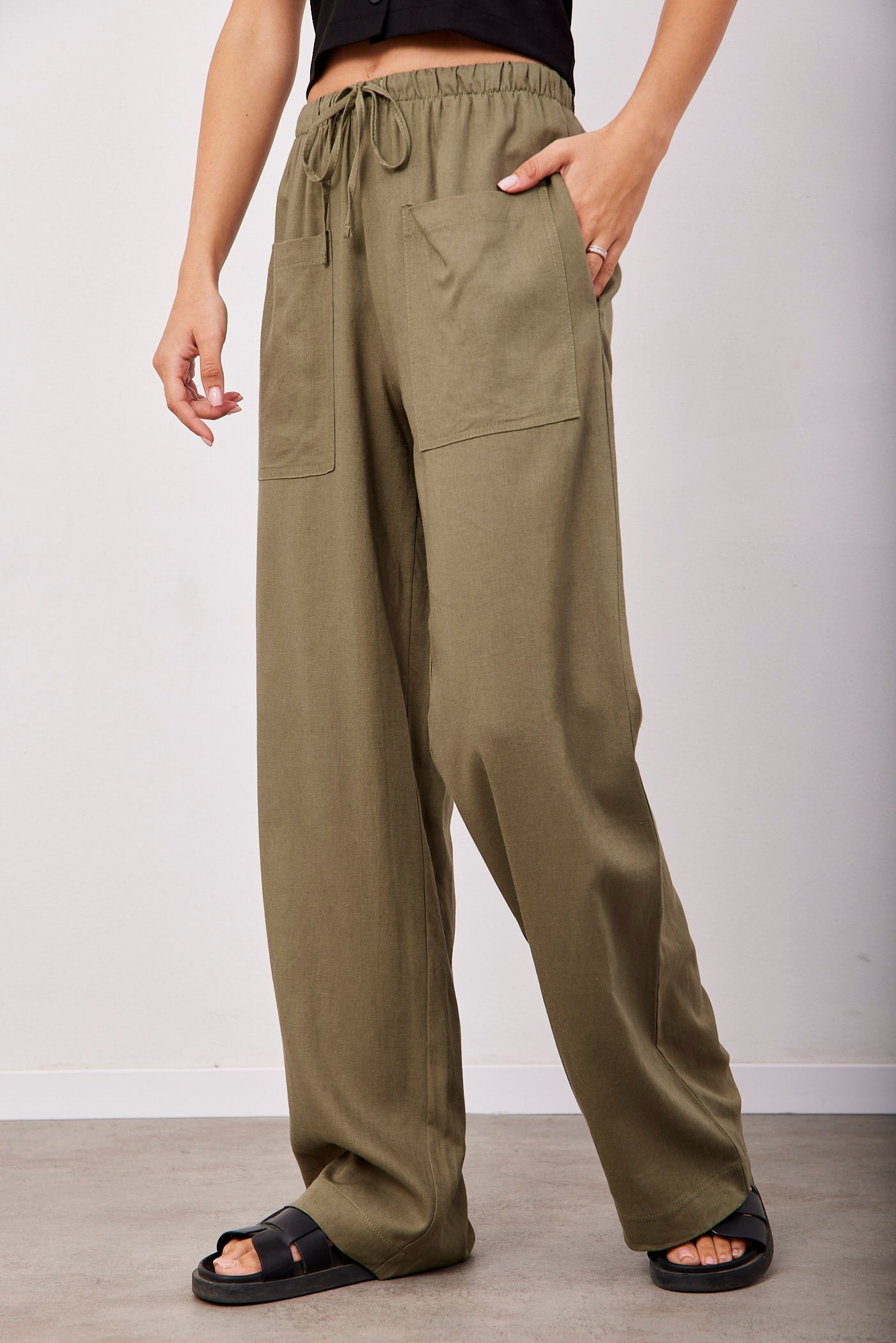 מכנסיים בשילוב פשתן עם כיסים קדמיים - ITAY BRANDS