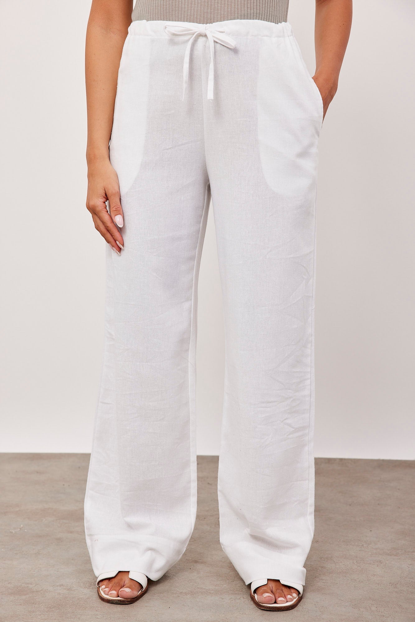 מכנסיים ארוכים בשילוב פשתן עם קשירה - ITAY BRANDS