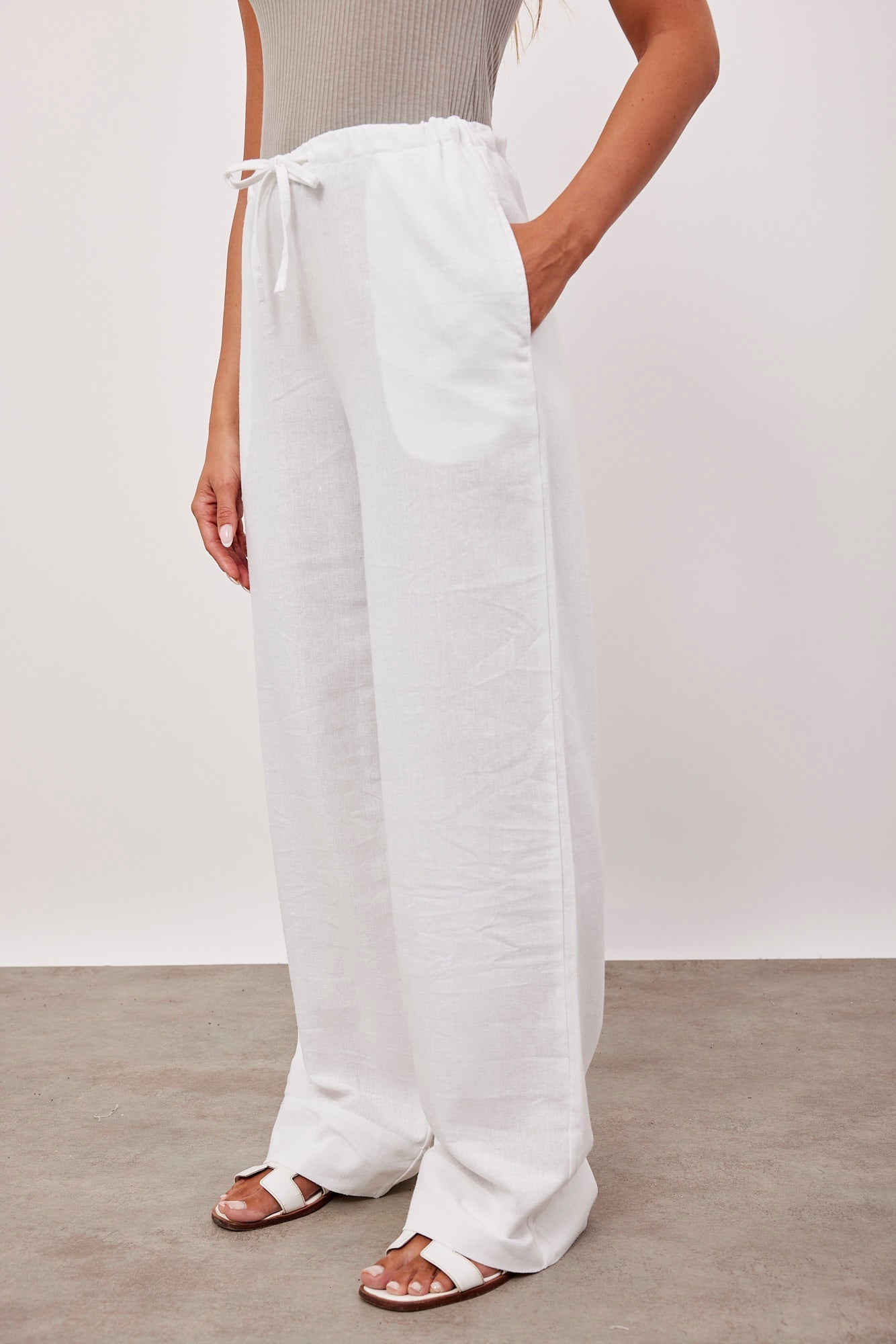 מכנסיים ארוכים בשילוב פשתן עם קשירה - ITAY BRANDS