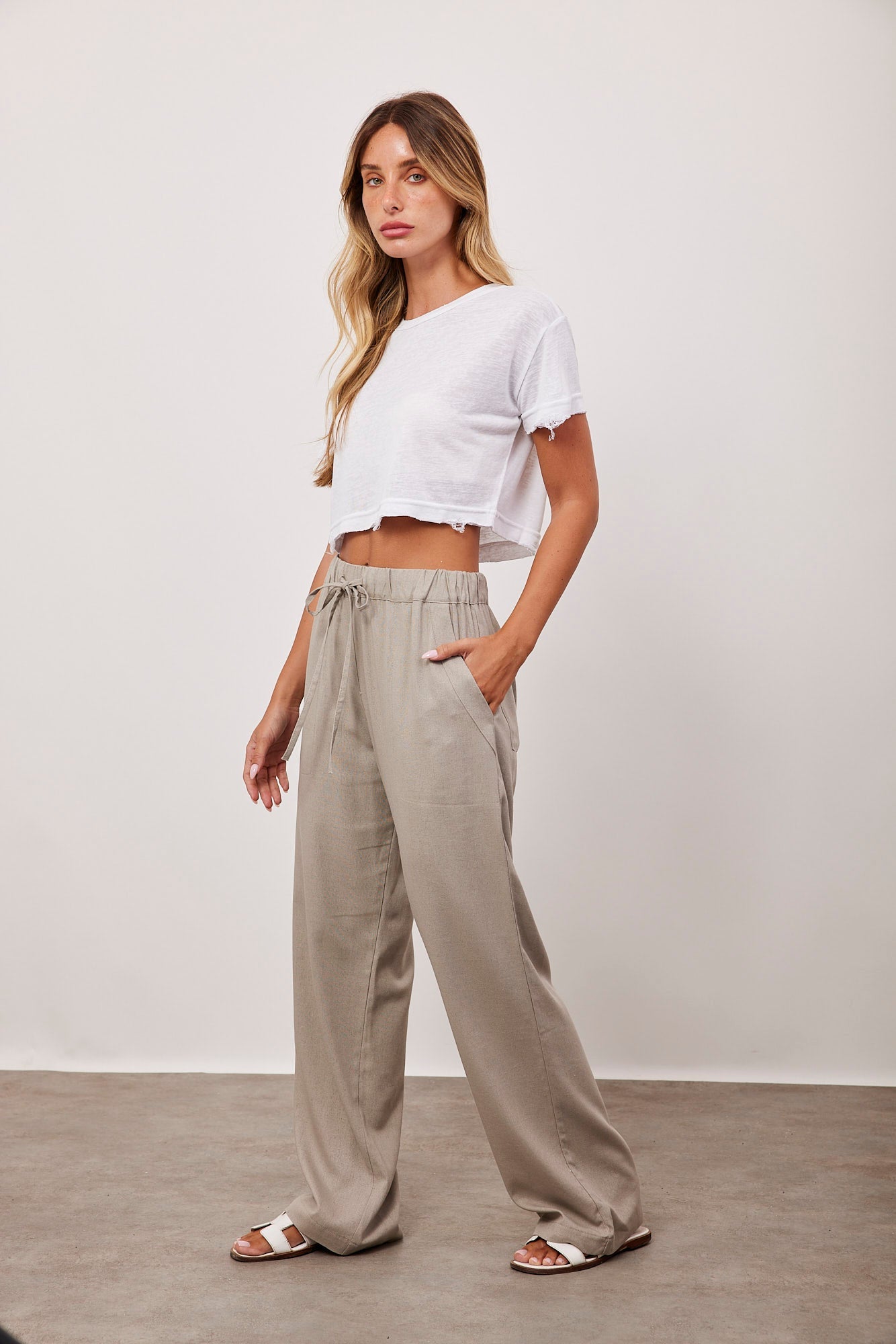 מכנסיים ארוכים בשילוב בד פשתן - ITAY BRANDS