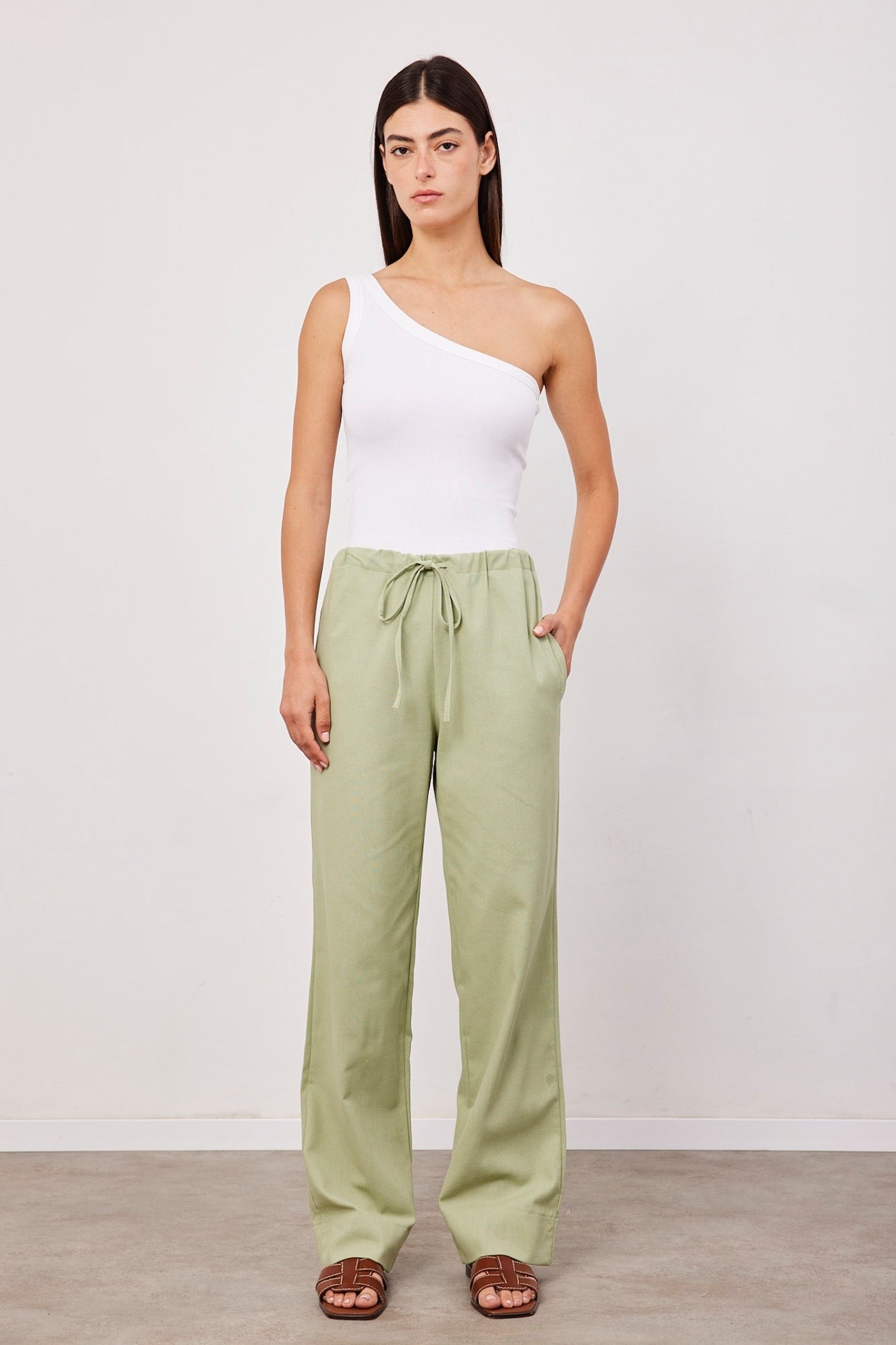 מכנסיים בשילוב פשתן בגזרה רחבה - ITAY BRANDS