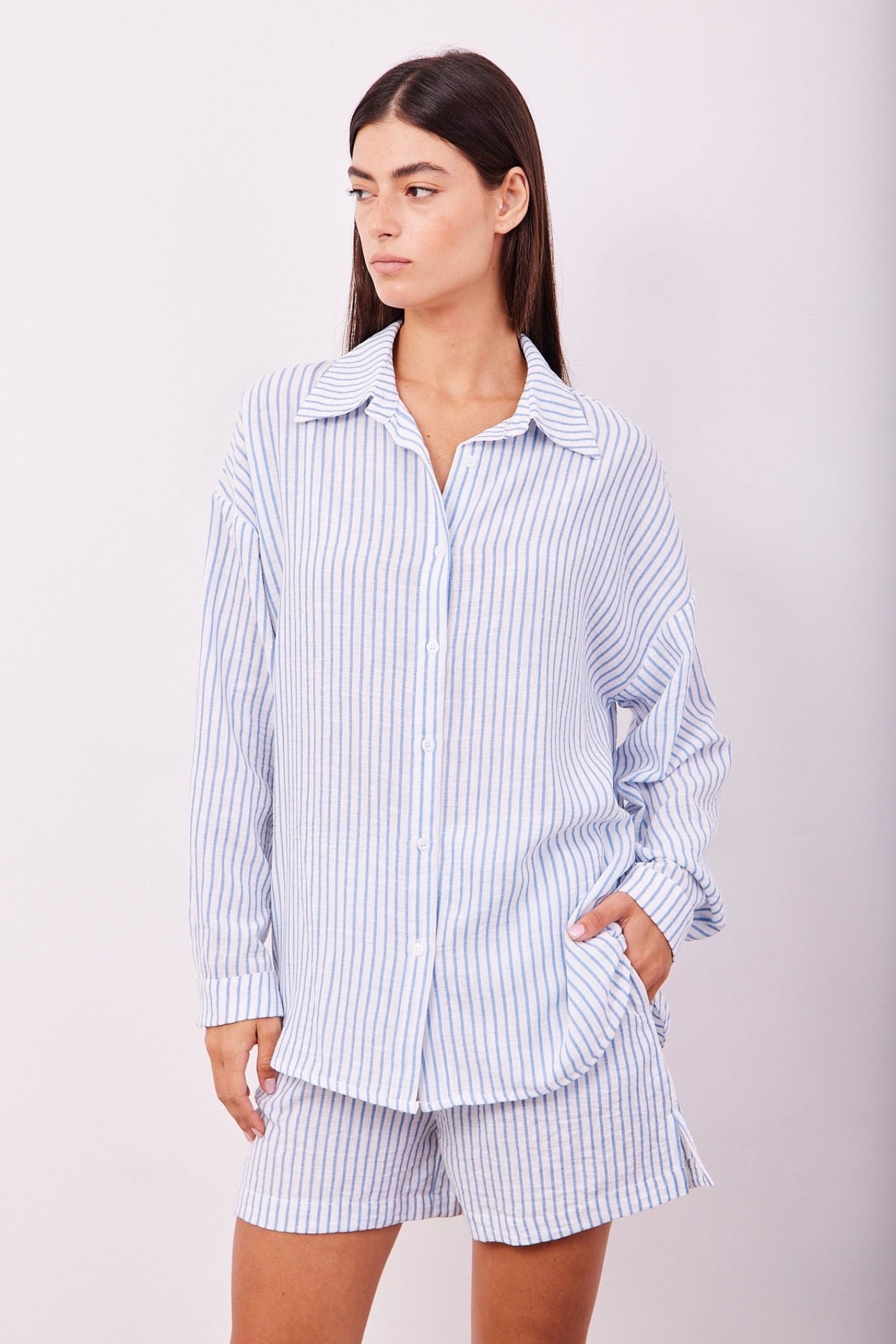 חליפה מכופתרת במראה פשתן בהדפס פסים - ITAY BRANDS