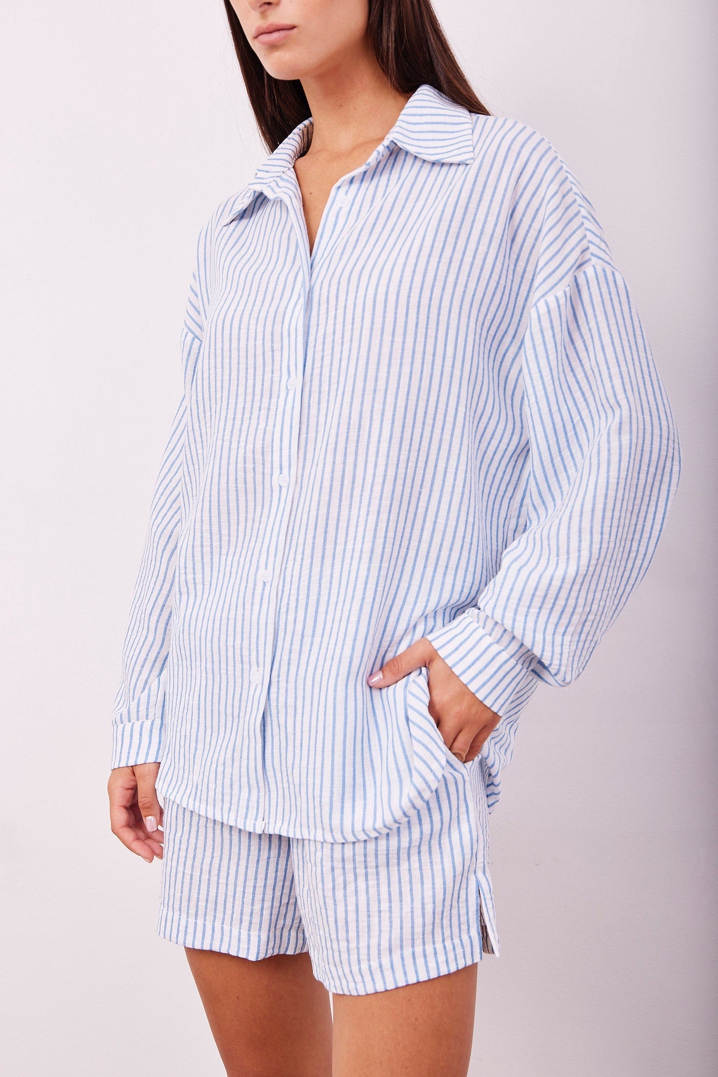 חליפה מכופתרת במראה פשתן בהדפס פסים - ITAY BRANDS